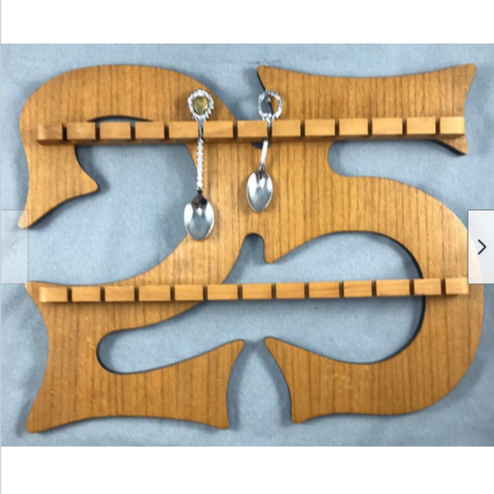 Vtg 25th Anniversary Wood Souvenir 24 Tea Spoon Holder Display Rack Wall Mount